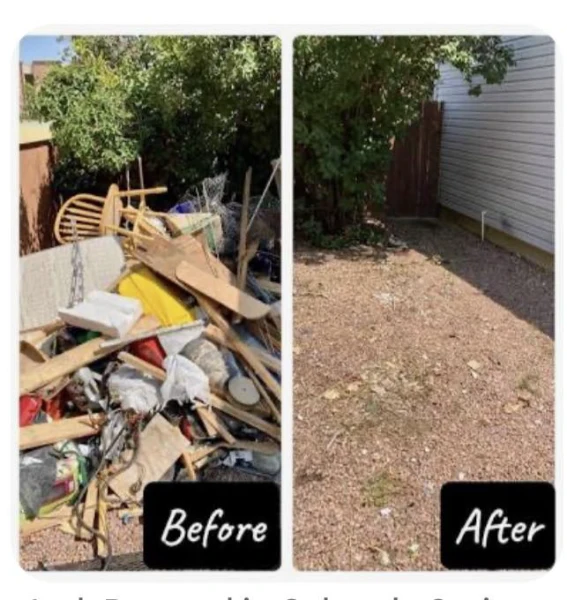 Backyard junk removal before and after collage showing lumber and debris removed along fence line