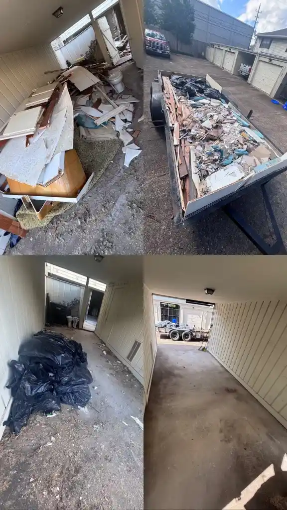Before-and-after collage showing estate cleanout debris loaded in a trailer and a cleared space in Lubbock, TX