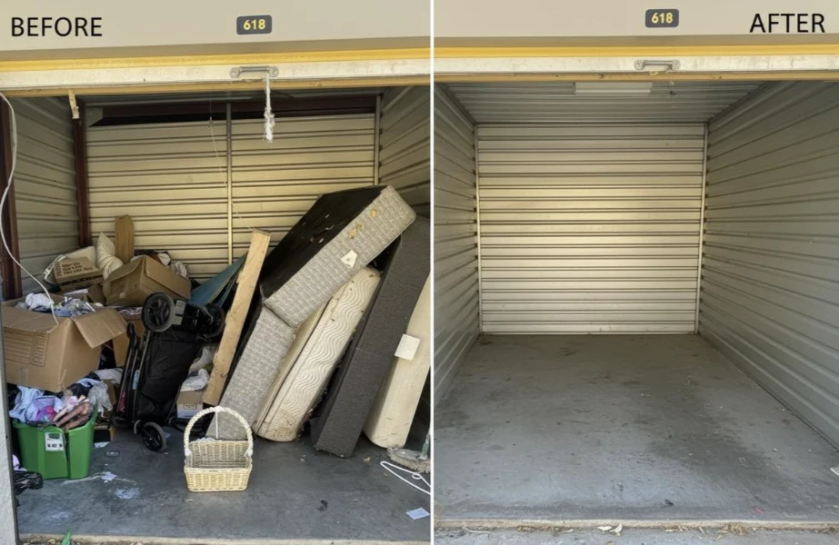 Storage unit junk removal before and after image is showing cluttered unit cleared and left clean and empty