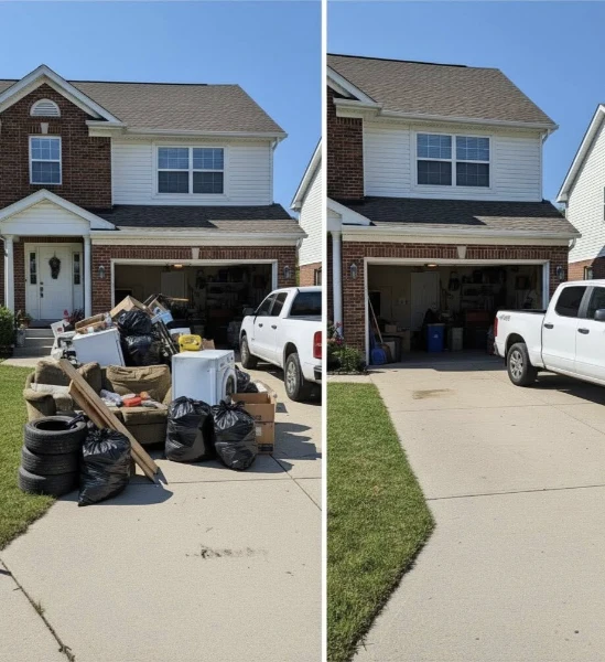 Before and after driveway junk removal comparison, showing heavy debris cleared