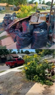 before-and-after collage of bagged junk piled outside and a pickup truck after hauling in Lubbock