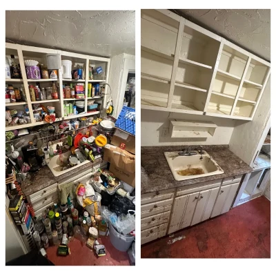 Before-and-after collage of a cluttered kitchen counter and cleaned cabinets after a cleanout