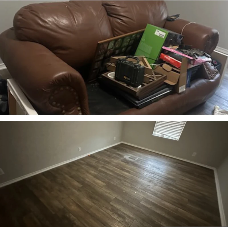 Before-and-after collage of a cluttered couch and an empty cleaned room in Lubbock, TX