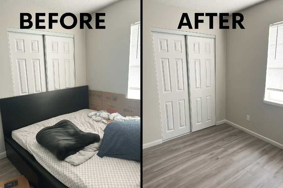 Bedroom cleanout before and after collage is showing furnished room transformed into empty space