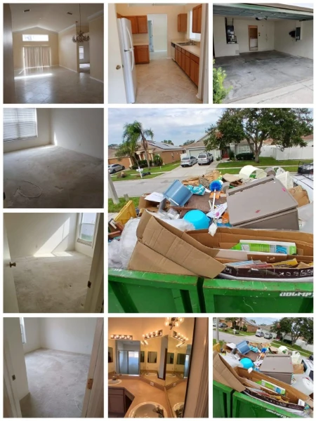 Before-and-after collage showing cleared rooms and a full dumpster during residential junk removal in Lubbock, TX