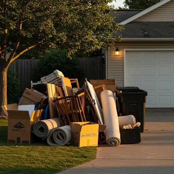 Moving Out in Lubbock? Junk Removal Checklist: boxes, furniture, and rolled rugs piled near a garage